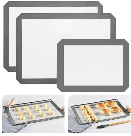 KitchenRaku Ensemble de 3 tapis de cuisson rectangulaires en silicone, tapis de cuisson en silicone avec revêtement antiadhésif, film de cuisson permanent, film de cuisson réutilisable, tapis en