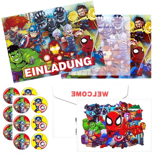 yumcute 12x Superheld Einladungskarten Kindergeburtstag +Passende Umschläge,Kindergeburtstag mit Aufklebern Geburtstagsparty Einladungen,Partyeinladungen Einladungen Kinder für Mädchen und Jungen