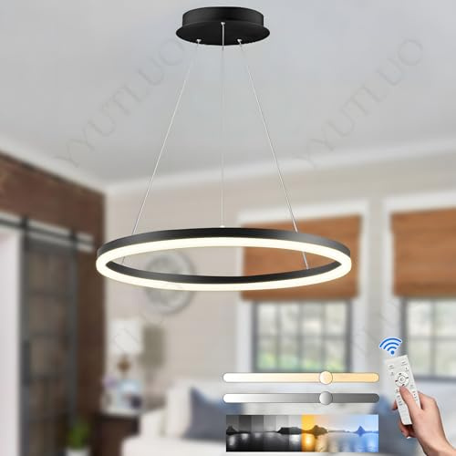 YYUTLUO Moderner DIY-Kreis-LED-Kronleuchter, 1 Schwarz Ring, ∅60cm=29W, H150cm Höhe Verstellbar, Metall+Acryl, Dimmbare Fernbedienung, Runde Hängelampe, Wohnzimmer Schlafzimmer Restaurant Büro