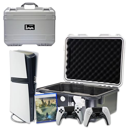 Hard Shell Travel Case Compatible with PlayStation 5 Pro Console, Controllers,Accessories-Waterproof PS5 Pro Carrying Case with Customized Foam for Both Standard and Digital Editions (Black And White)