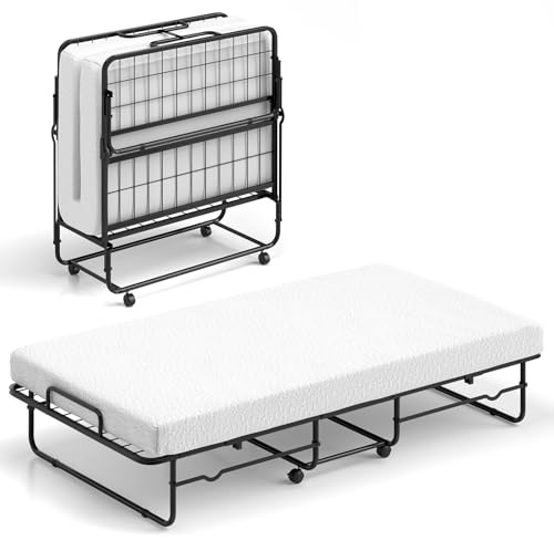 COSTWAY Letto Pieghevole con Materasso, Letto Singolo Pieghevole per Ospiti con Memory Foam e Struttura in Metallo, Brandina con Ruote, 190 x 90 cm, Carico 220 kg
