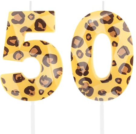 Hongplus 50 Geburtstagskerzen für Kuchen, Leopardenmuster, Zahlenkerzen, Zahl 50, Geburtstagskerzen, Happy Birthday-Kuchenaufsatz für Männer und Frauen, Gepard, Geburtstagsparty-Dekorationen, Zubehör