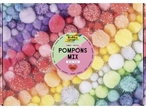 folia 50349 - Pompons Mix JUMBO PASTELL, 300g Pompoms in 10 Farben, ca. 900 Plüschkugeln mit Ø 1,5-4cm, zum Basteln, Verzieren und Dekorieren
