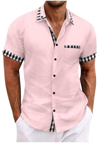 UHouse Chemise Homme en Cotton Lin Chemises Manches Courtes Casual Chemisette Boutonné Col Mao Vêtements Grande Taille Button Down Shirt D'Été Respirant Leger Habit Rose XXL