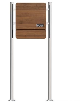 SCHARTEC Buzón de pie SBS-SPB-5 de madera, diseño oscuro, con compartimento para periódicos, de pie, acero inoxidable y aspecto de madera