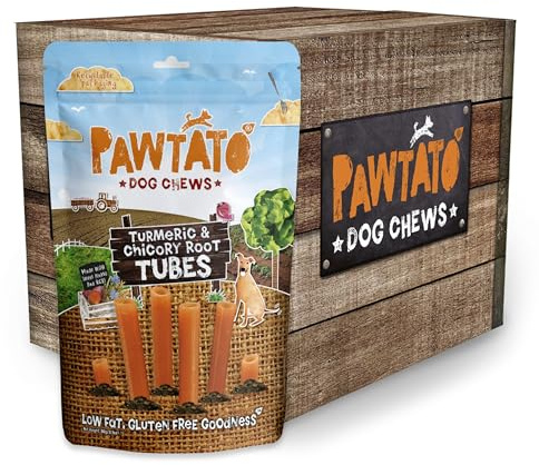 Pawtato tuggpinnar med gurkmeja och cikoriarot (6 x 90 g) multipack | Vegansk kohud alternativ, proteinhaltigt hundgodis med antiinflammatorisk gurkmeja, träningslackerli för hundar
