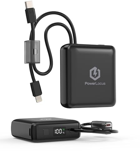 PowerLocus Batterie Externe Charge Rapide, 10000mAh Power Bank Petite, USB C PD 20W avec Cable Intégré, Super léger 171g, Affichage LED, 3-Ports Mini Chargeur Portable pour iPhone, Samsung,Xiaomi,iPad