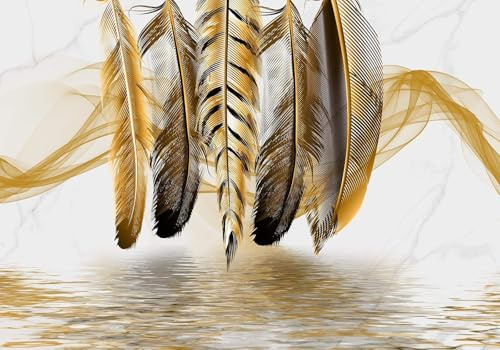 skdhlifpj Papier Peint intissé Panoramique Plume Tapisserie Murale 3D Aquarelle Abstraite Simple Plume D'Or Ligne Cygne 350cmx245cm Salon Chambre Adulte Enfant Zen Poster Geant Mural