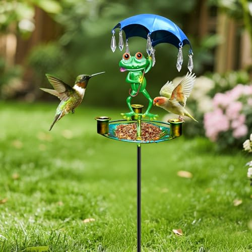 Vogeltränke Stehend mit Erdspieß Vogelbad für Garten Deko,Metall Frösche Deko Figuren Vogelbad Futter Schale für Draußen Garten,Frosch Deko Tiere Gartentränke mit Wasserschale (Frog)