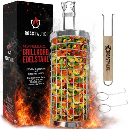 ROASTWURK - V2.0 Verbesserter Verschluss & stabile Scharniere - Premium XL Grillkorb Fleisch & Gemüse – – Rollender Grillkorb aus Edelstahl 304 – BBQ Zubehör für Männer & Geschenk