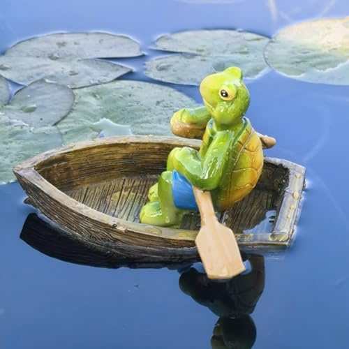 Kertaym Schwimmende Schildkröten Figuren Set aus Harz für Garten Teich Wasserspiele, Boot und Ruder Schildkröte Statue Outdoor Dekoration