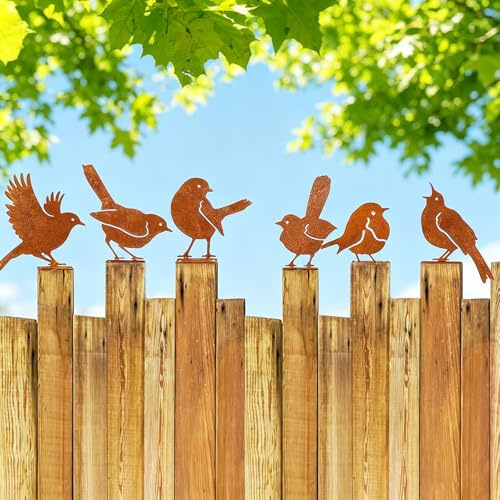 RONGJUKD 6Pcs Rusty Metal Bird Garden Ornaments, Robin Bird Silhouette Wall Mount Decor, Waterproof Outdoor Fence Art Decoration for Yard Patio Garden Gate Branch