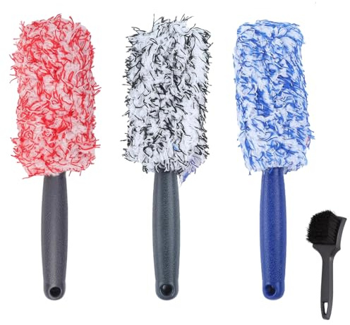 Xinsenke Felgenbürste Alufelgen 3 Stück + Reifenbürste, Auto Felgenreiniger Bürste Mikrofaser, Schonend für Alle Felgentypen, Ergonomischer Griff, Rot Blau Grau