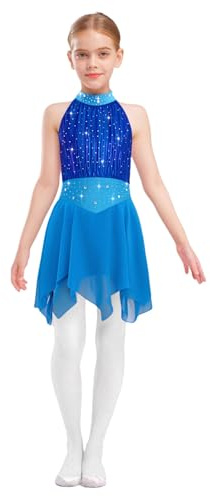 Miaeowve Kürkleider Rollschuh Mädchen Rollkunstlauf Kleid Strass Glitzer Ballettkleid Ärmellos Trainingskleid Eiskunstlauf Anzug Blau 122-128