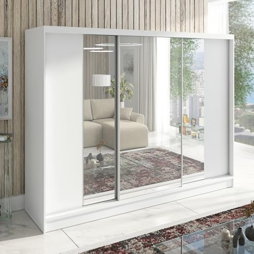 A&J MöbelLand Schwebetürenschrank VIDA Kleiderschrank 3-türig mit Schubladen und Spiegel, Garderobe 200 cm (Weiß)