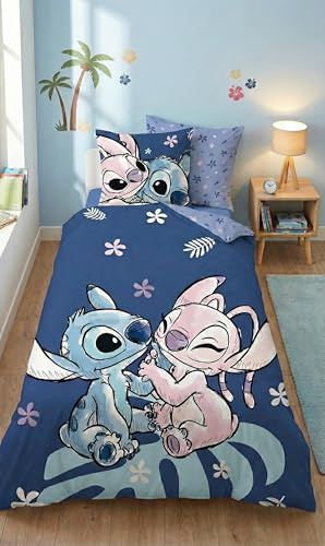 Stitch & Angel Flicka Enkelsäng Påslakan 135x200 + Örngott Blå | Vändbart sängset | Enkelsäng | Polyester-Bomull Oeko-Tex | Stitch Angel | Perfekt present | Hudvänlig | Officiell licens