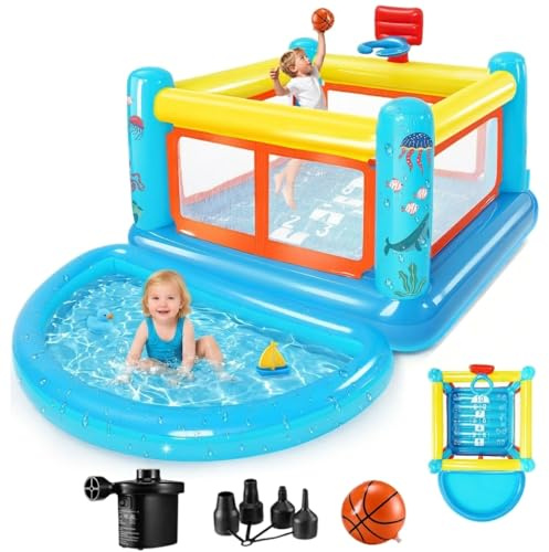 Hüpfburg für Kinder 3–6 Jahre, Indoor & Outdoor, reißfestes PVC, mit abnehmbarem Bällebad, Basketballkorb & Hüpfkästchen Gebläse (4-IN-1 Hüpfburg)