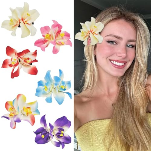 Flor Hawaiana Pelo, 6 Piezas Exquisito Pinzas Pelo Flores Mujer, Flower Hair Clip Estilo Boho, Horquillas Flores Pelo para Verano Hawaianas Vacaciones Playa Piscina Fiestas (Color-B)