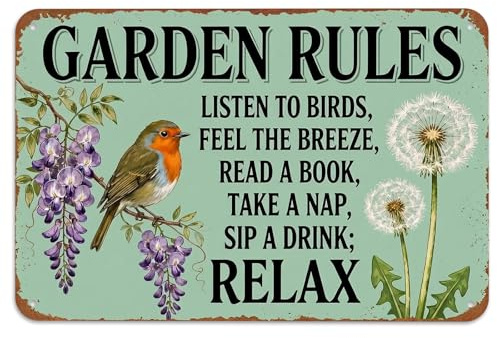 Garden Rules Metal Sign, Vintage Garden Signs for Outside, Listen to Bird Tin Sign, Funny Gardening Metal Plaque, Rustic Wall Art Decor for Patio, Porch & Yard, Gardening Gifts for Women and Men