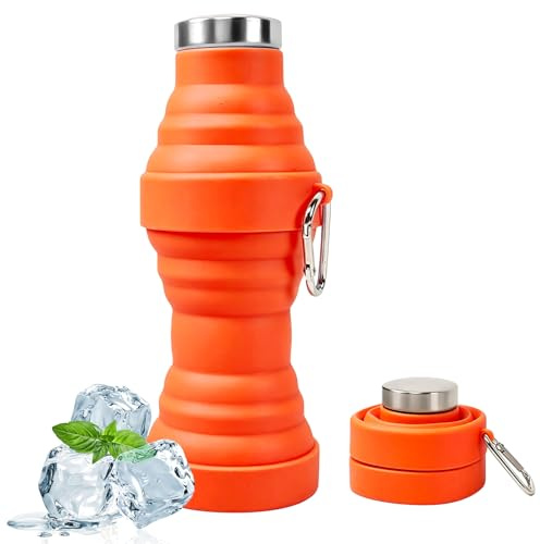 FainFun Botella Agua Plegable Silicona 550ml, Prueba de Fugas y Portátil, Libre de Bisfenol – Botella Plegable Ideal para Running, Camping, Viajes y Desplazamientos (Naranja)