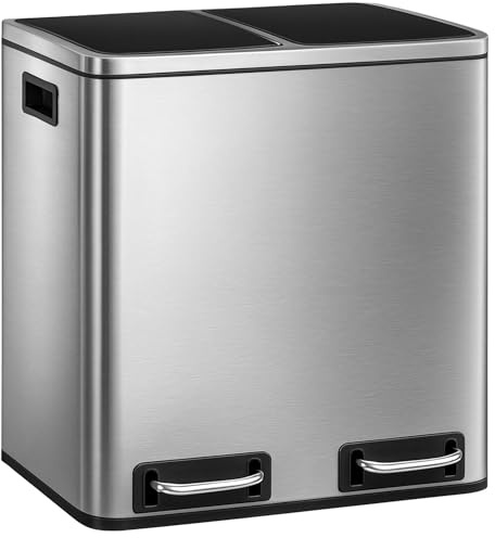 casa pura Mülleimer Küche 2×15L Edelstahl | 2-Fach Mülltrennsystem, Treteimer Küche, Metall, Soft-Close, luftdicht, Kunststoff-Inneneimer, Klappdeckel – (Felix)