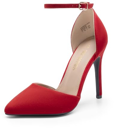 DREAM PAIRS Dam spetsig tå ankelrem högklackade pumps klänning hovskor, Röd mocka, 40 EU