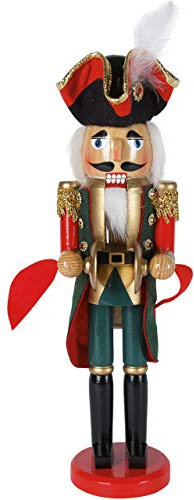 Nussknacker Holzfigur Soldat mit Federhut und Becken grün-rot / 38 cm/Deko Figur Nussknacker Holz/handbemalt im Kunsthandwerks-Stil/weihnachtlich dekorieren