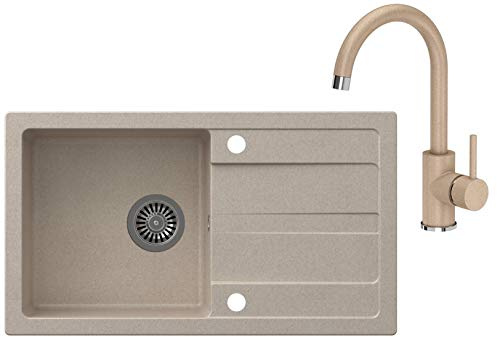 VBChome Spüle mit Armatur 77 x 44 cm Beige Granit Einzelbecken Einbauspüle Abtroffläche gesprenkelt reversibel Verbundspüle Küchenarmatur + Siphon + Spülmittelspender