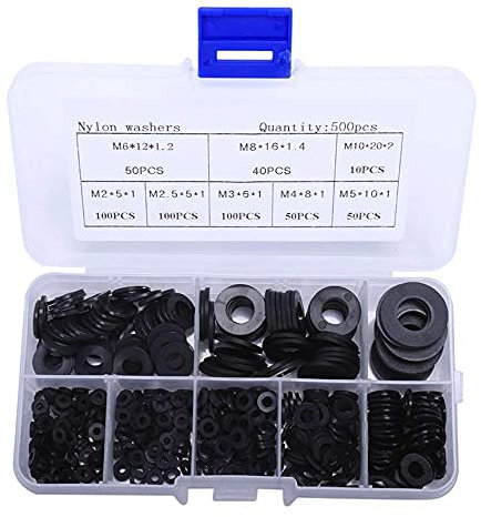 Kunststoff Unterlegscheiben, 500 stuck Flach Korrosionsfreie Unterlegscheiben Schwarz Nylon Beilagscheiben Unterlegscheiben Sortiment für Heimwerker Modellbau Industrie Befestigungen