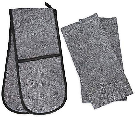 Divine Home Double Oven Glove and Tea Towel Set - 100% Cotton with Thick Heat-Resistant Lining for Protection from Hot Pots, Pans and Dishes. Soft, Stylish & Durable (3 Piece Set, Black).