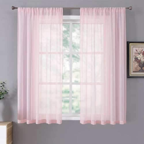 Tollpiz Short Sheer Curtains Linen Textured Living Room Curtain Sheers Light Filtering Rod Pocket Voile Curtains for Bedroom, 42 x 45 inches Long, Pink, Set of 2 Panels