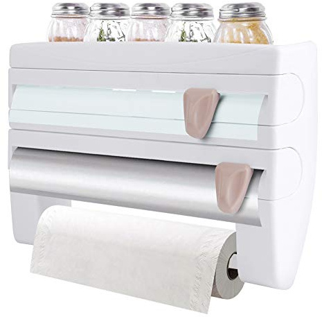 Kitchen Roll Dispenser Foil and Paper Cutter, 3 In 1 Paper Foil Roll Holder Wall Mounted Sauce Bottle Storage Rack, Multifunctional Kitchen Cling Film Dispenser and Cutter, Easy Cut 39*10* 24 cm White
