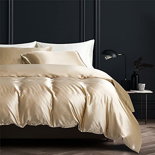 Gezu Sets de Housse de Couette 220x240cm Satin Or Beige Unie Parure de Lit 2 Personnes Soie Lisse Soyeux Brillant Doux Linge de Lit Satiné avec 2 Taies d'oreiller 65x65cm avec Fermeture Éclair