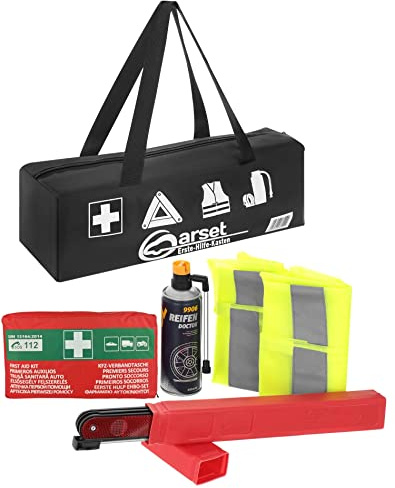 notlok Safety Work Pannenset, 5-teilig, 1 x Verbandstasche, 1x Warnweste, 1 x Warndreieck, 1 x Reifenpannenspray, Transporttasche 440 x 140 x 120 mm