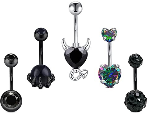 JFORYOU Anneaux de nombril noir en acier chirurgical 14G Anneaux de nombril noirs haltères courbes diable cœur crâne main design