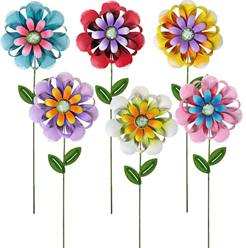 Metal Flower Garden Stakes, 6 Pc. Set, Large Colorful Decorative Landscape and Gardening Outdoor Decor, Lawn and Yard Ornament, Rust and Weather Resistant