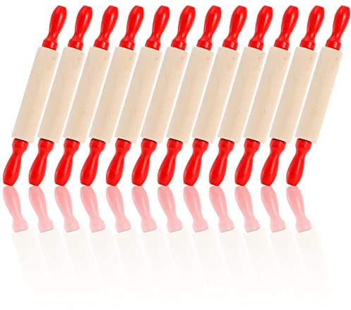 SOUJOY Set of 12 Mini Rolling Pin, 8 Inch Wood Dough Roller for Baking with Red Handle, Small Clay Rolling Pin for Craft Fondant Pastry Pizza Crafting and Imaginative Play