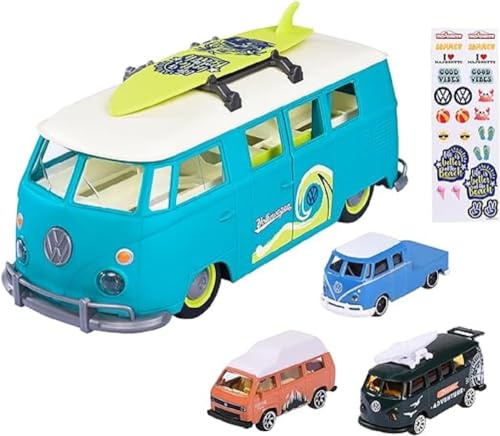 Majorette - Volkswagen The Originals Carry Case – Fahrzeug 35 cm – 3 VW-Fahrzeuge inklusive 1 Exklusiv – Leuchtfunktion – 212055010SMO