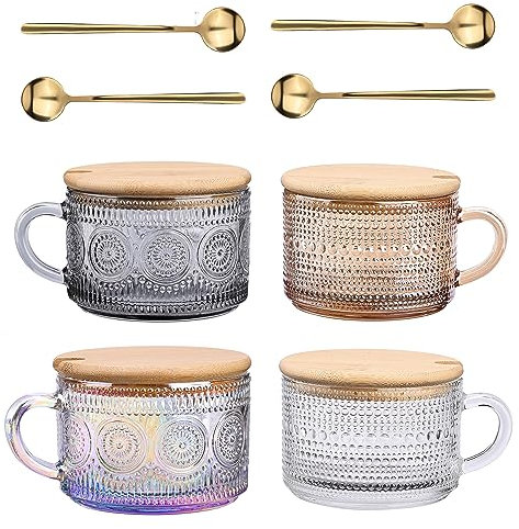 Vintage Glass Coffee Mugs Set of 4,Clear Embossed Glass Tea Cups with Bamboo Lids and Spoons, Cute Coffee Bar Accessories, for Cappuccino, Latte, Overnight Oats , Cereal ,Yogurt,Gift(Mix)
