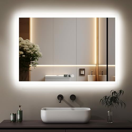 Boromal Badezimmerspiegel mit Beleuchtung 100x60cm Badspiegel mit Beleuchtung und Uhr 3 Lichtfarbe Dimmbar 3000-6500K Wandspiegel Lichtspiegel LED Spiegel mit Uhr, Touch Schalter
