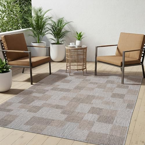 TAPISO Melissa In & Outdoorteppich Braun Grau Beige Vierecke 120 x 170 cm | UV-Resistent strapazierfähiger Teppich mit Sisaloptik für Küche Flur Wohnzimmer Balkon Terrasse Modern OEKO-TEX
