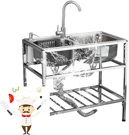 Spülbecken Edelstahl 2 Becken Küchenspüle Gewerbliche Industriespüle mit Warm Kaltwasserhahn mit Schlauchanschluß Waschtisch Heim Gewerbespülen Outdoor Garage Garten Küche Camping Keller (Color : Sin