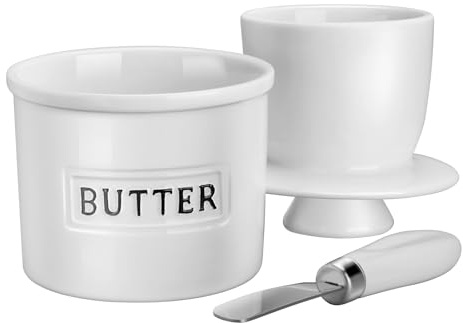 JSHKY Porzellan Butterdose mit Buttermesser, Weiß | Ideal als Geschenk für Thanksgiving, Muttertag und Weihnachten