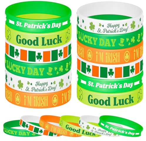 NEBURORA 24 Pezzi Braccialetti in Silicone per il Giorno di San Patrizio Braccialetti in Gomma Verde Trifoglio Portafortuna per Accessori per il Giorno di San Patrizio Decorazione Bomboniere