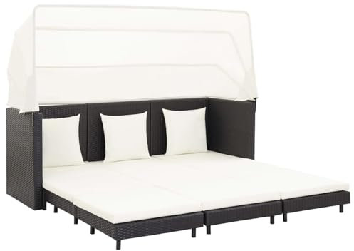 Rantry Ausziehbares 3-Sitzer-Schlafsofa mit Dach Sonnenliege Gartenliege Möbel Gartenbett Sonnenbett Loungebett Doppelliege Liegebett Gartenliege Möbel Gartensofa Gartenbank Schwarz