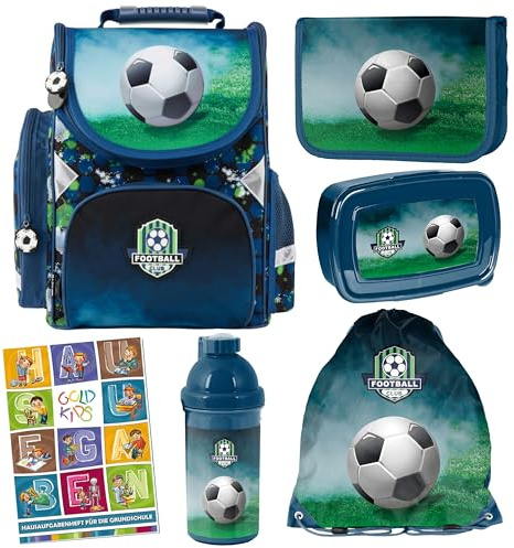 Goldkids - Schulranzen für Jungen, 6er-Set - Schul-Rucksack für Kinder mit Federmäppchen - Schuhbeutel und Hausaufgabenheft - Fußball Motiv - 1-3 Klasse