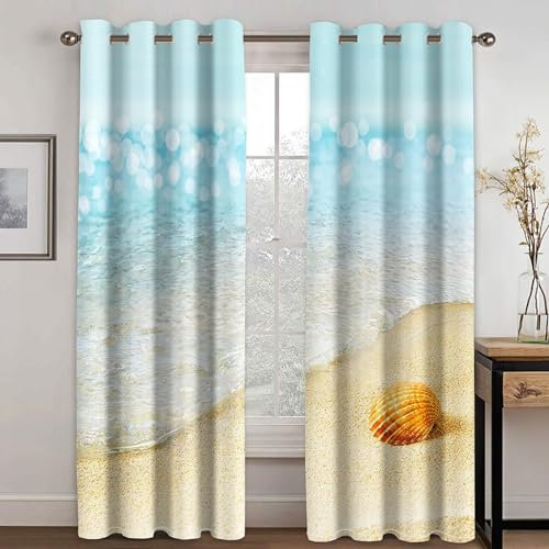 MTBDDyyds Vorhänge Für Kinderzimmer Jungen - 3D Strand Meer Landschaft 137X117Cm - Kinderzimmervorhänge Mit Ösen, Verdunkelungsvorhang Gardinen Schals Vorhang Blickdicht