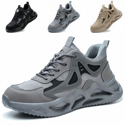 Safety Trainers Men Steel Toe Cap Trainers Womens Safety Shoes Lightweight Breathable Work Trainers Non Slip Industrial Work Boots, Grey, UK 8
