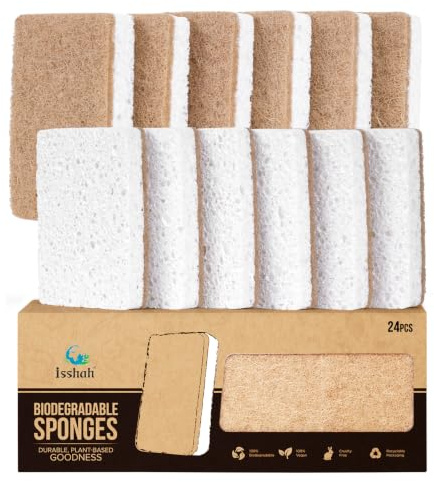 Isshah Natural Kitchen Scrub Sponges for Dishes - Plant-Based - 24 Count | Plant-based kitchen sponges for dishes and cleaning. Gentle scrubbing for kitchen, bathroom, household. 24 count.