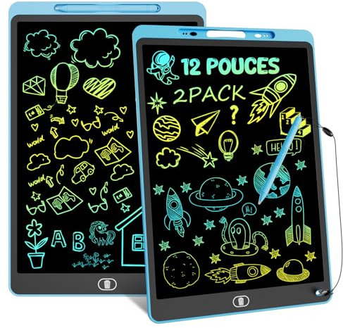 2 Pack 12 Pouces Tablettes Graphiques Enfant, Tablette d'écriture LCD Colorée, Ardoise Magique, Tablette Dessin avec Fonction de Verrouillage & D'effacement, Jouet Educatif de Filles et Garçons, Bleu